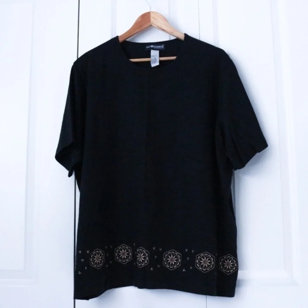 Black Short Sleeve Embroidered Tee Shirt Plus Size